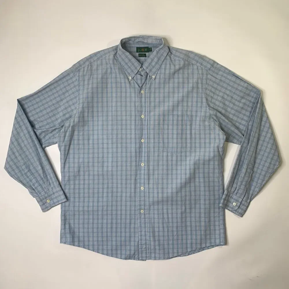 Vintage J Crew Shirt Mens 16 Blue Cotton Plaid Button Down Long Sleeve Dress